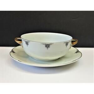 Block China Chambord Limoges Cream Soup Bowl w/Underplate Gray/Black on White